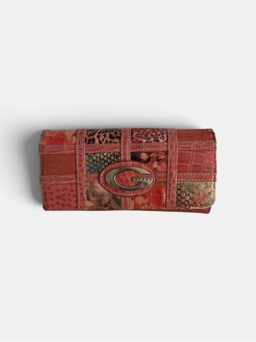 Guess Red Patchwork Clutch with Gold Emblem